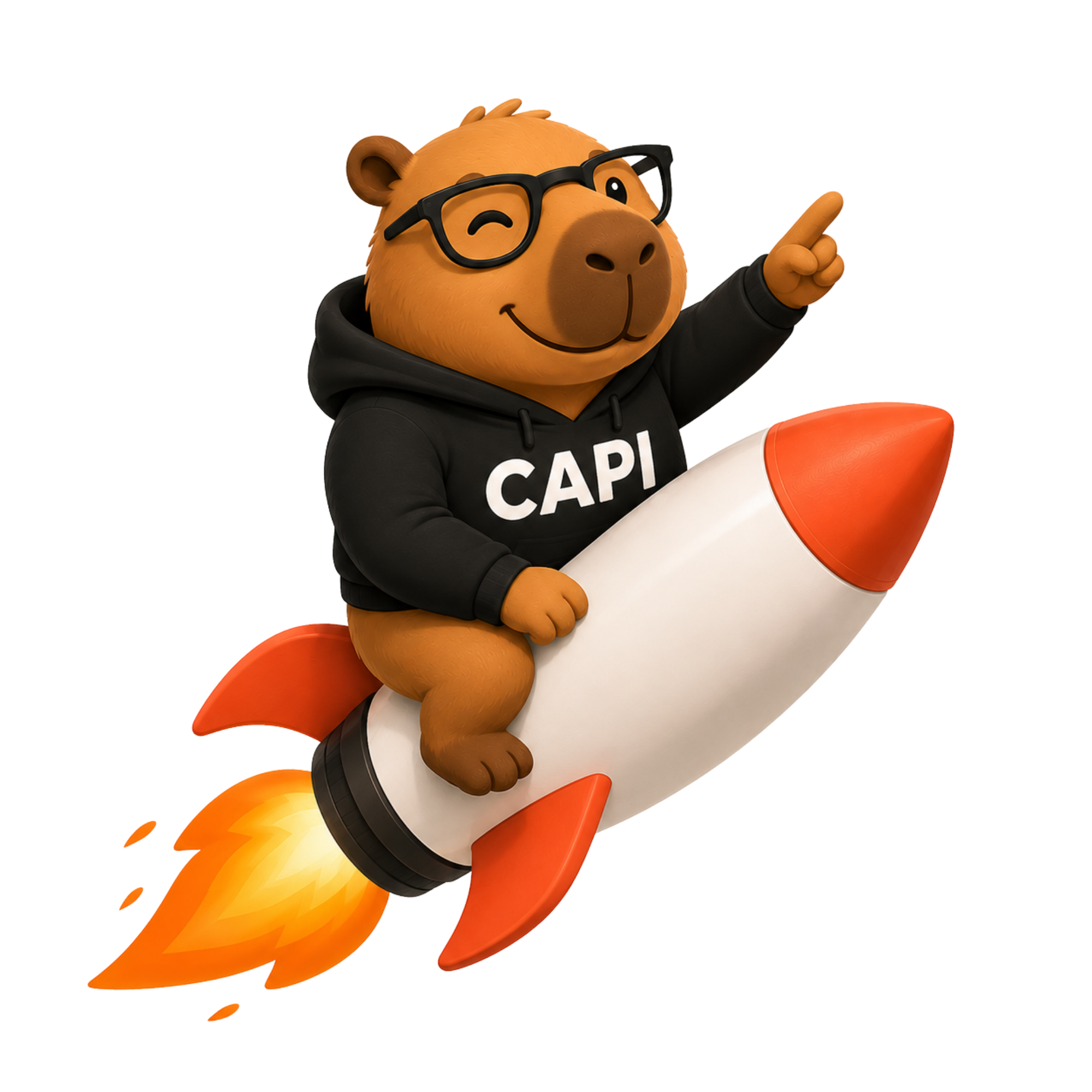 Capi, mascote da agência, decolando em um foguete
